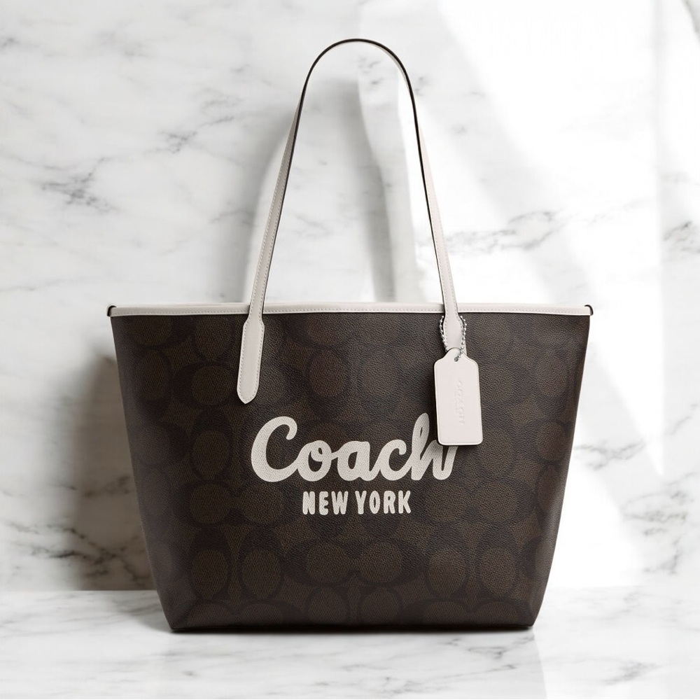 Coach Brown Signature Canvas Tote with Cream Accents